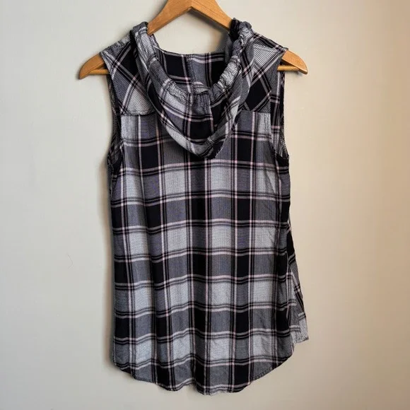 Warehouse One Sleeveless Plaid Button Down Hooded Shirt Black White Pink Medium - Picture 6 of 12